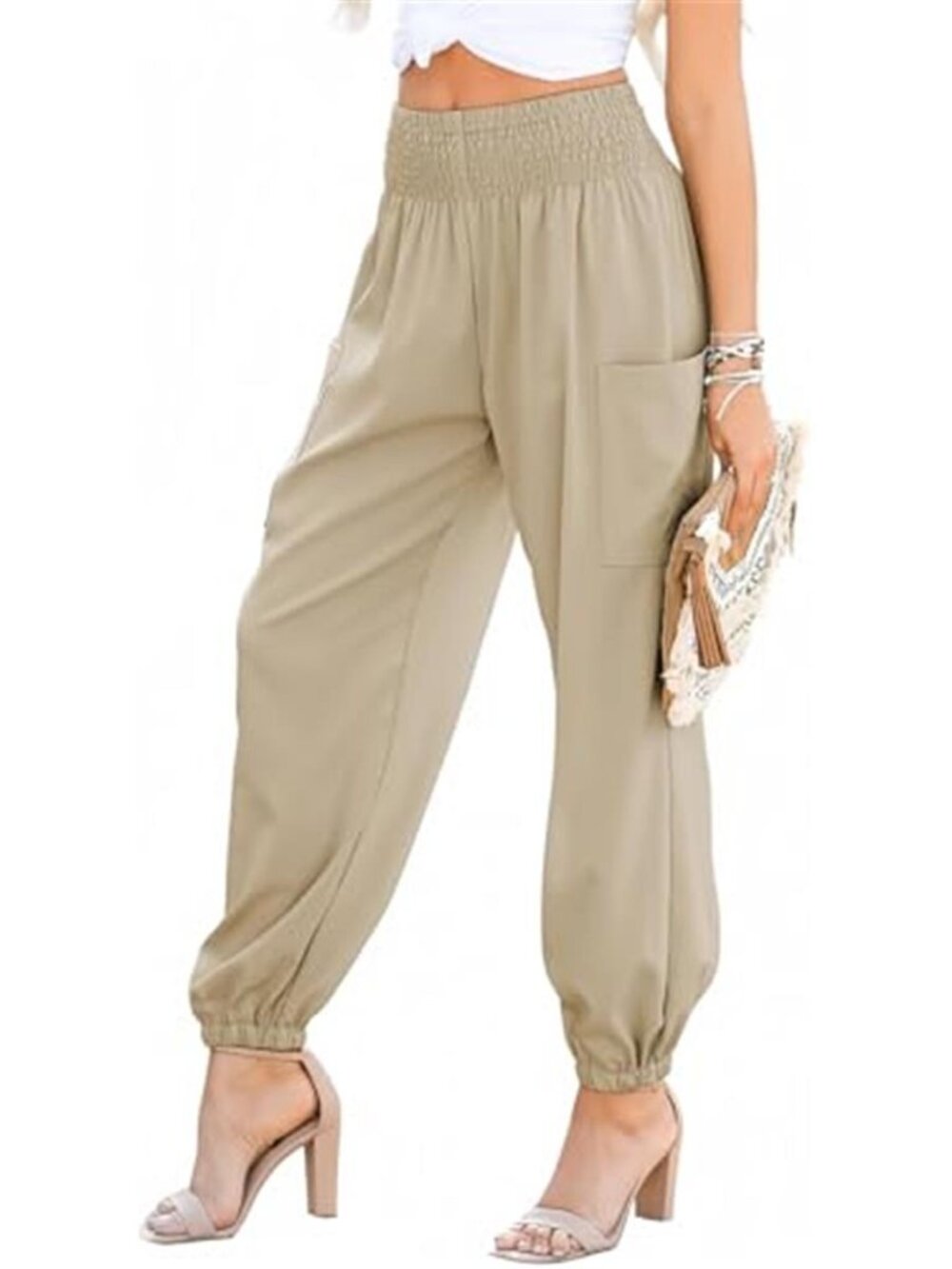 Womens Harem Pants High Waisted Smocked Palazzo Cargo Pocket Boho Trousers